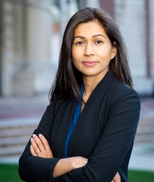 Professor Elora Mukherjee stands in front of Columbia Law School