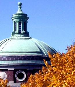 The dome of the Columbia University chapel by an orange tree