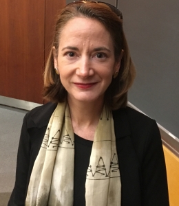 Avril Haines at Columbia Law School wearing a black and white scarf
