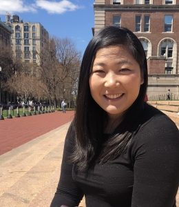 Mie Morikubo on steps of library at Columbia University