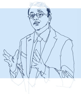 Illustration of Professor Shyamkrishna Balganesh, wearing tie and glasses