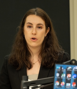 Julia Konstantinovsky speaking at HFS Moot Court semi-finals