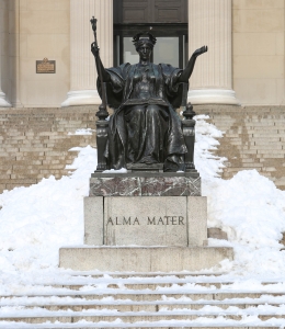 Alma Mater statue in winter snow