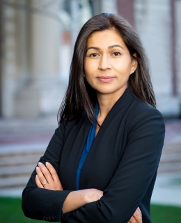 Professor Elora Mukherjee stands in front of Columbia Law School