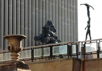 Sculptures outside of Jerome Greene Hall