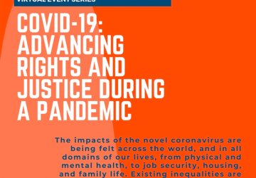 Orange poster of COVID-19: Advancing Rights and Justice During a Pandemic