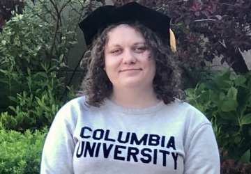 Elizabeth Hayden ’20 wears a Columbia University sweatshirt with her graduation cap.