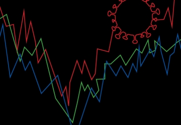 A graph showing a descending and then ascending line features the silhouette of a coronavirus.