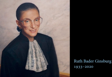 A portrait of Ruth Bader Ginsburg that reads "Ruth Bader Ginsburg '59 1933-2020"