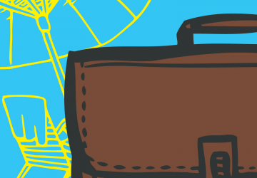 Illustrated briefcase in front of a chair and beach umbrella