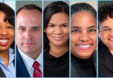 Headshot collage of four women and one man