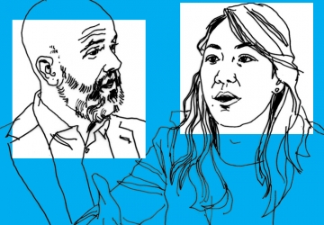 A line art drawing of Ed Morrison and Kate Waldock on a blue background