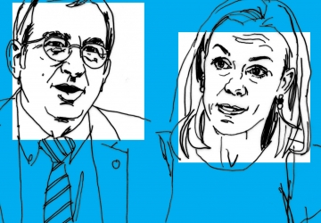 Line art drawing of professors Petros Mavroidis and Anu Bradford on a blue background