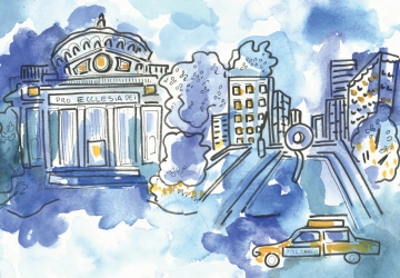 Watercolor painting of Low Library, Revson Plaza, and yellow cab by Lindsey Jones