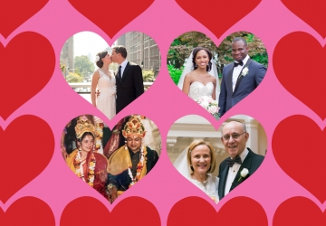 4 heart-shaped portraits of couples who met at Columbia Law surrounded by red hearts