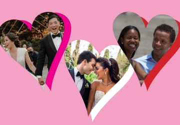 Three photos of couples in heart shaped frames on pink background