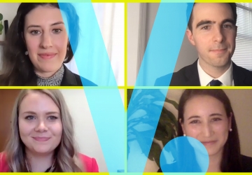 2021 Harlan Fiske Stone Moot Court Competitors on Zoom with a blue V superimposed