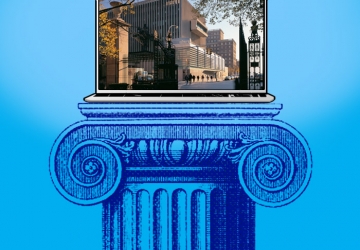 Laptop with screen showing Columbia Law School sitting on top of an architectural blue illustration of a column