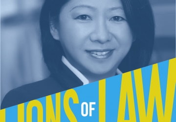 Blue tinted photo of Lorna Chen with Lions of Law logo