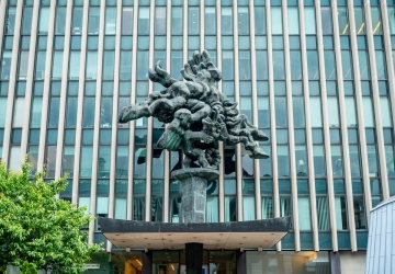Exterior of Jerome L. Greene Hall featuring the sculpture Bellerophon Taming Pegasus