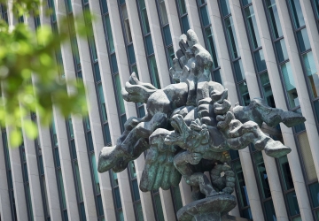 Bellerophon Taming Pegasus sculpture in front of Jerome Greene Hall