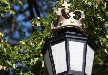 A lamp post with the Columbia crown on top in front of a linden tree