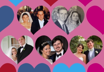 Pictures of five couples on colorful hearts background