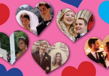 Five heart-shaped photos of five heterosexual couples