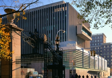 Jerome Greene Hall through open gates seen from Amsterdam Avenue