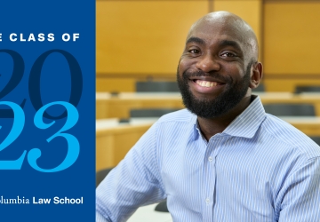 Afam Ikeakanam smiling next to text that says Columbia Law School, The Class of 2023