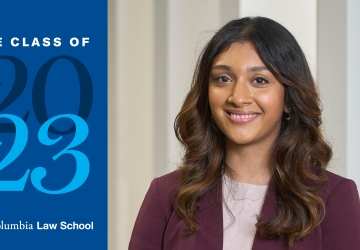 Madhuri Belkale smiling next to text that says Columbia Law School, The Class of 2023