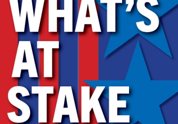 What's At Stake stars and stripes graphic in red and blue