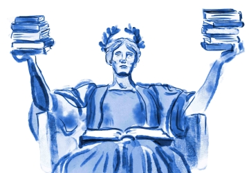 Blue watercolor of Alma Mater statue with books in her upraised hands