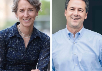 A photo of a woman wearing a blue shirt on the left and a man wearing a blue shirt on the right