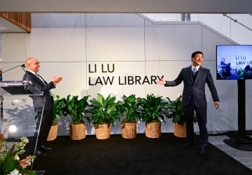 Li Lu and Dean Abebe Law Library Opening Signage