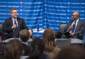 Judge Brian E. Murphy (left) in conversation with Dean Daniel Abebe (right)