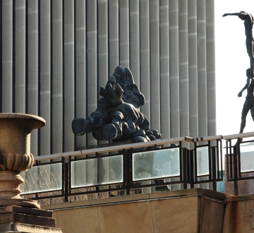Sculptures outside of Jerome Greene Hall