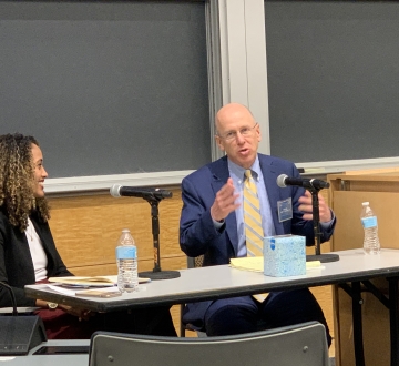 Judge Leo T. Sorokin ’'91 and Alexis Hoag, practitioner-in-residence at the Eric H. Holder Jr. Initiative for Civil and Political Rights, discuss restorative justice.