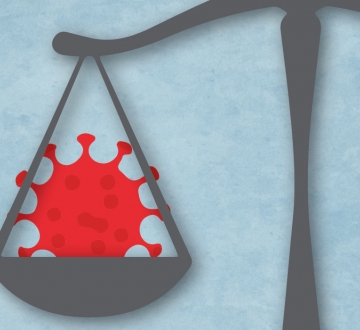 Illustration of scales holding a red coronavirus.