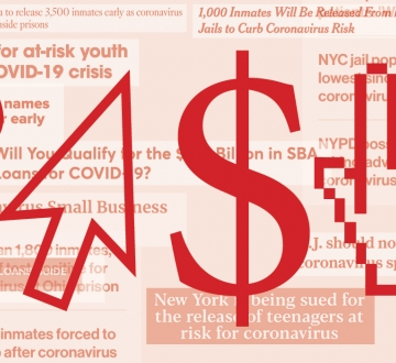 Graphic showing question mark, arrow, dollar sign, pointing finger over headlines about helping people affected by COVID-19