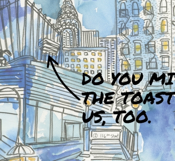 A watercolor painting of Jerome Greene that says "Do you miss the toaster? Us, too."