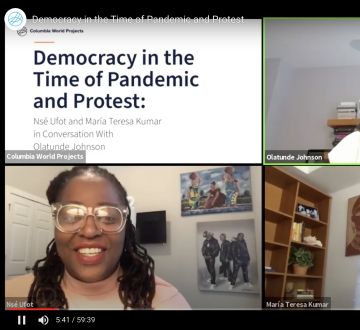 Screenshot of three women in a Zoom webinar.