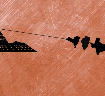 The silhouettes of several states pull on a rope with the capitol building on one end.