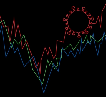 A graph showing a descending and then ascending line features the silhouette of a coronavirus.