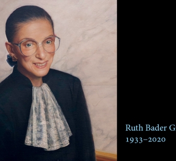 A portrait of Ruth Bader Ginsburg that reads "Ruth Bader Ginsburg '59 1933-2020"