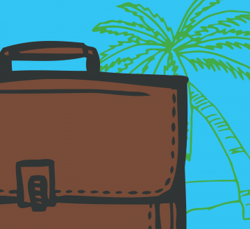 Illustrated brief case in front of a palm tree