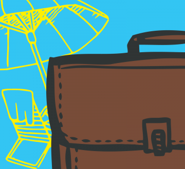 Illustrated briefcase in front of a chair and beach umbrella