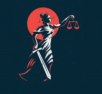 Themis, holding her scales and sword, walking on a blue backdrop