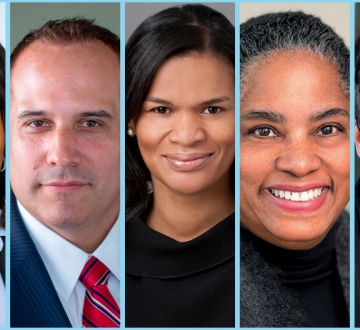 Headshot collage of four women and one man