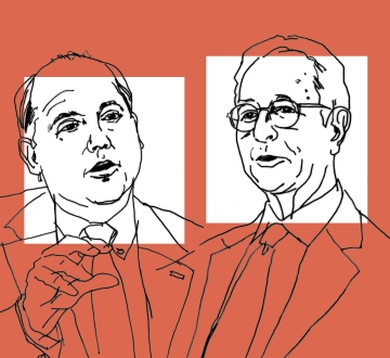 Line art drawing of Strine and Millstein on an orange background